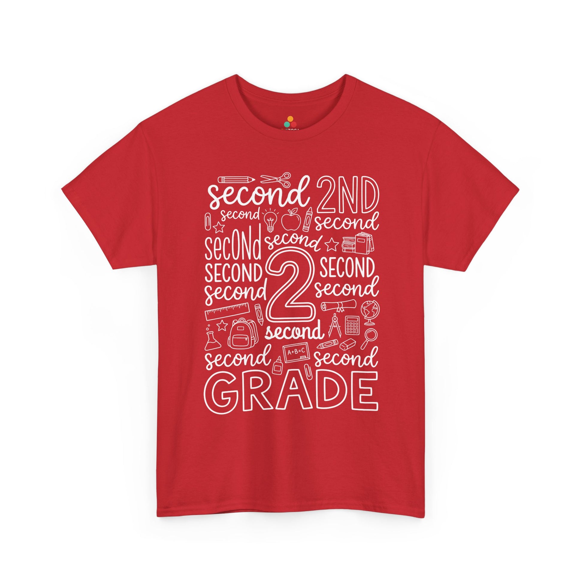 Red TEEZOCA second grade teacher shirt in bold word art, a unisex adult back to school tee for the classroom.

