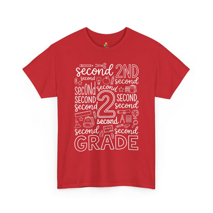 Red TEEZOCA second grade teacher shirt in bold word art, a unisex adult back to school tee for the classroom.

