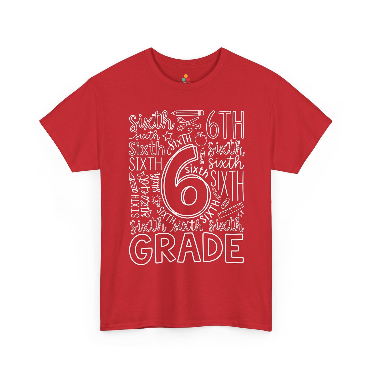 Red TEEZOCA sixth grade teacher shirt in bold word art, a unisex adult back to school tee for the classroom.

