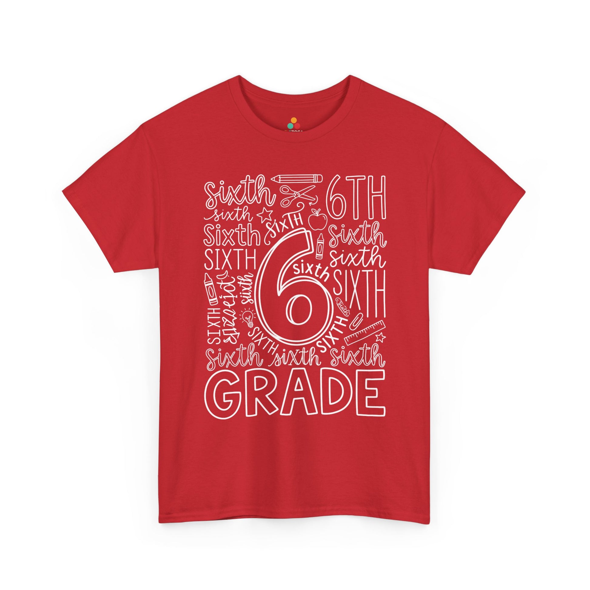 Red TEEZOCA sixth grade teacher shirt in bold word art, a unisex adult back to school tee for the classroom.

