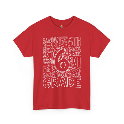 Red TEEZOCA sixth grade teacher shirt in bold word art, a unisex adult back to school tee for the classroom.

