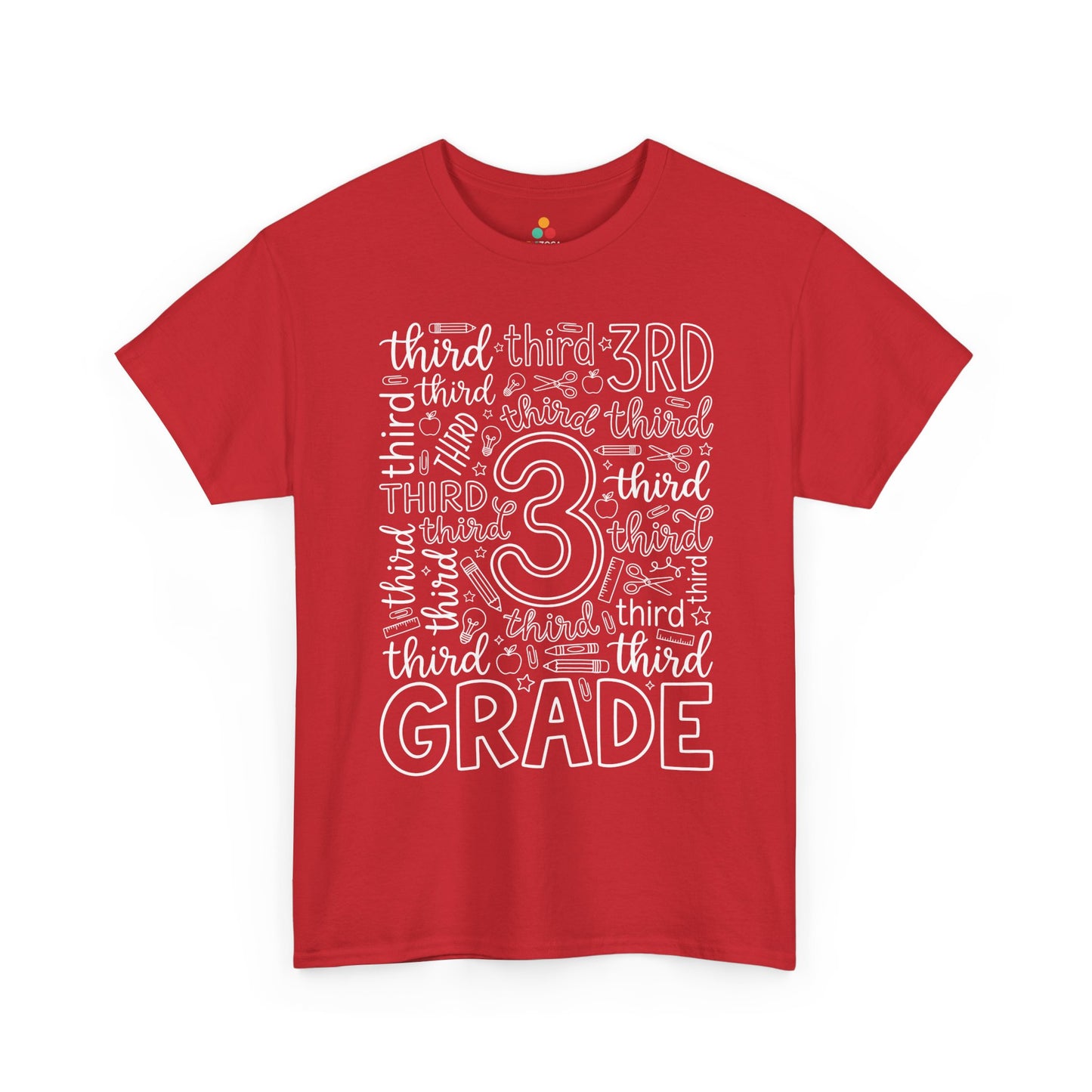 Red TEEZOCA third grade teacher shirt in bold word art, a unisex adult back to school tee for the classroom.

