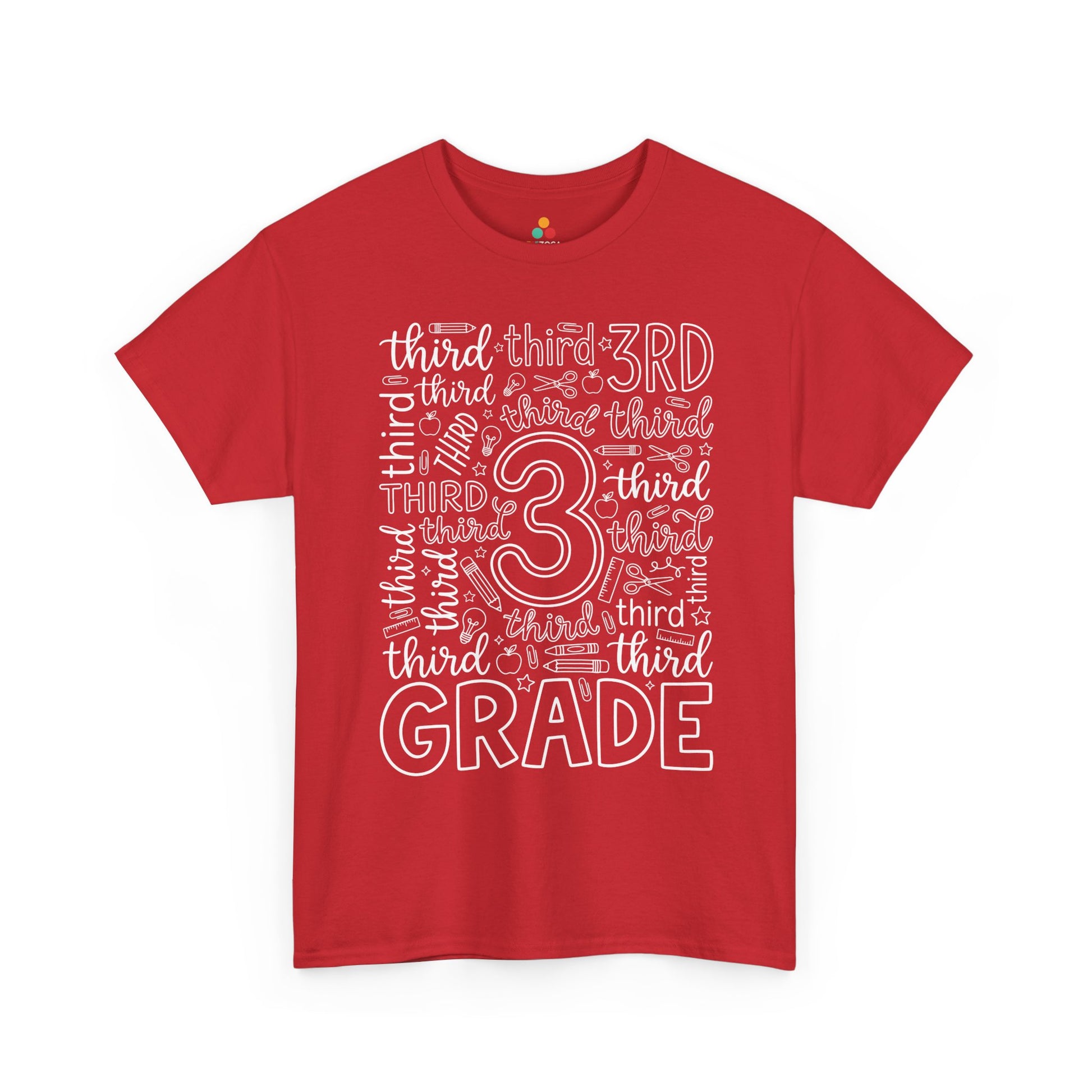 Red TEEZOCA third grade teacher shirt in bold word art, a unisex adult back to school tee for the classroom.

