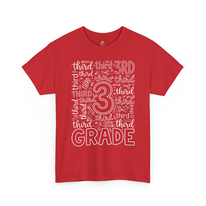 Red TEEZOCA third grade teacher shirt in bold word art, a unisex adult back to school tee for the classroom.

