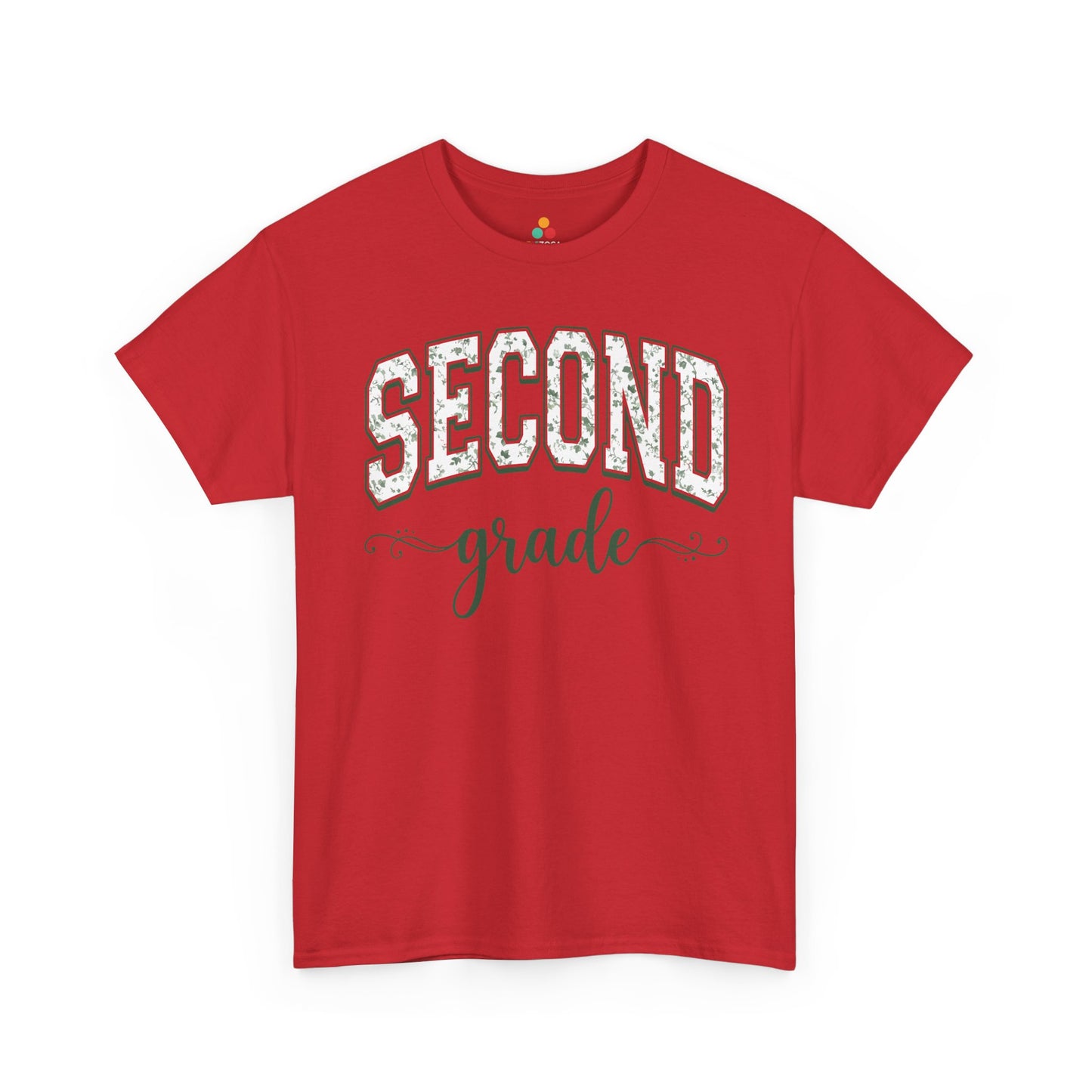 Red floral second grade tee from TEEZOCA reading second grade in arched varsity type, a unisex adult shirt for school staff.
