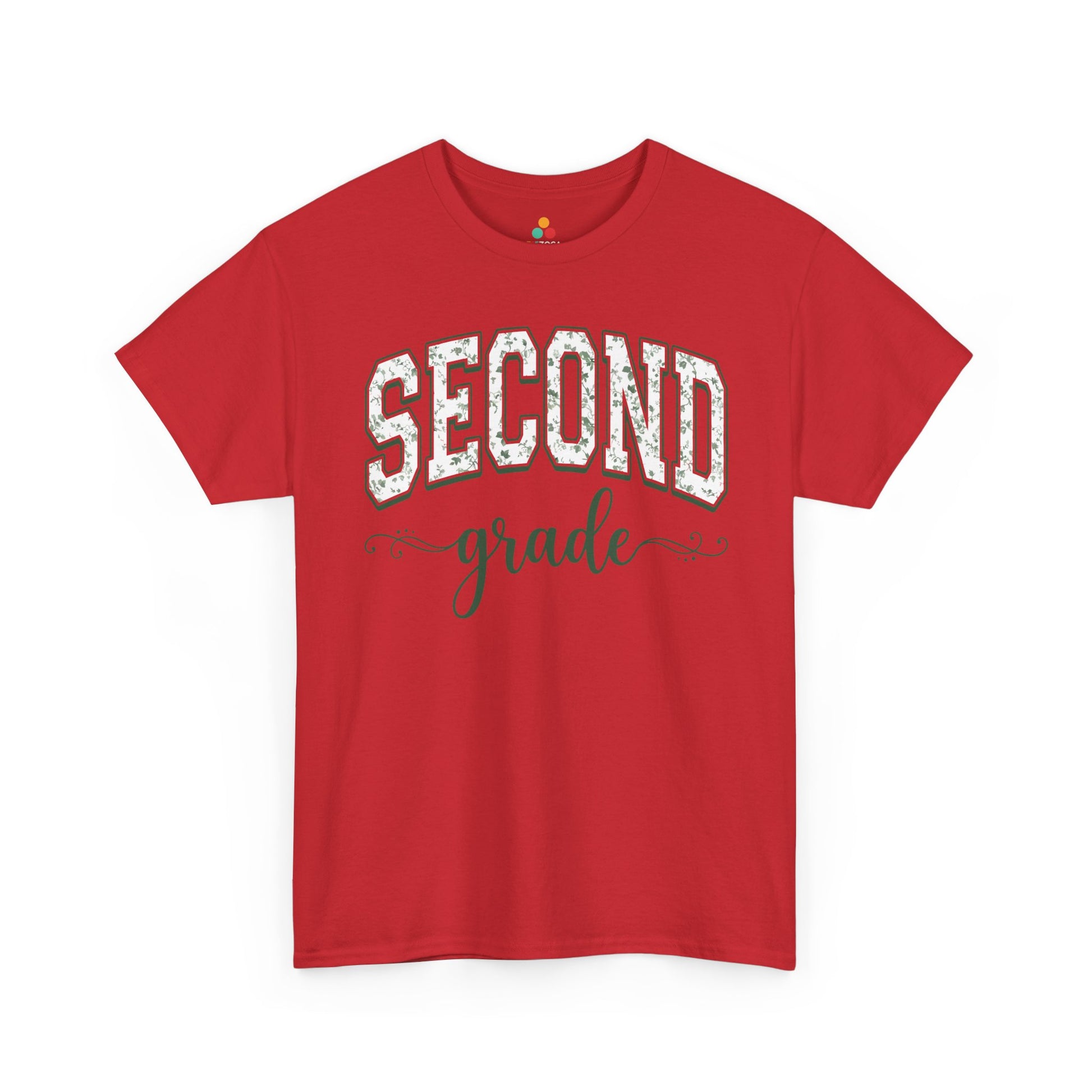 Red floral second grade tee from TEEZOCA reading second grade in arched varsity type, a unisex adult shirt for school staff.

