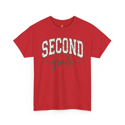 Red floral second grade tee from TEEZOCA reading second grade in arched varsity type, a unisex adult shirt for school staff.
