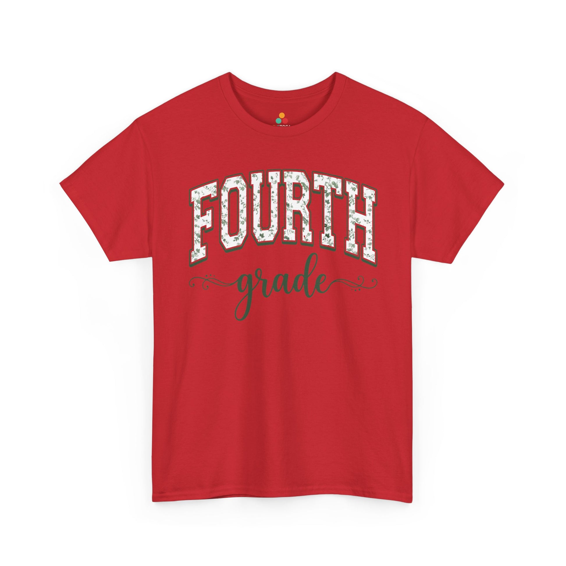 Red t-shirt with 'FOURTH grade' text on a white background. TEEZOCA floral back to school t-shirt for fourth grade teachers and staff, an adult tee found on Amazon and Etsy.

