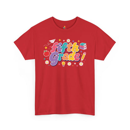 Red t-shirt with 'Fifth Grade!' text and educational graphics on a white background. For a back to school teacher shirt, this TEEZOCA t-shirt features “Fifth Grade” text surrounded by an apple, pencil, books, light bulb, stars, and dots.