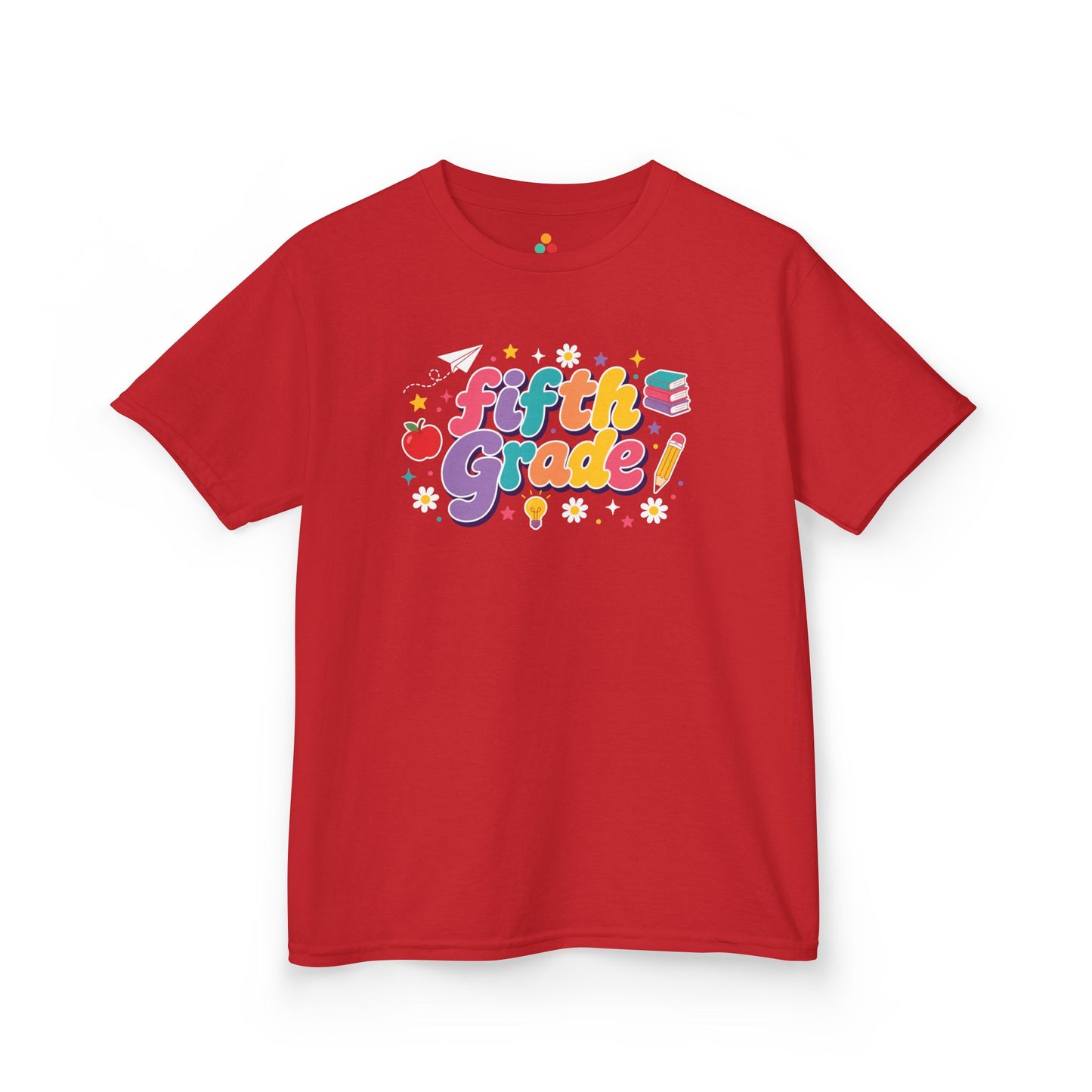 Red t-shirt with 'Fifth Grade!' text on a white background. TEEZOCA t-shirt with bold Fifth Grade word art, fitting a fifth grade kids shirt for the first day of school.