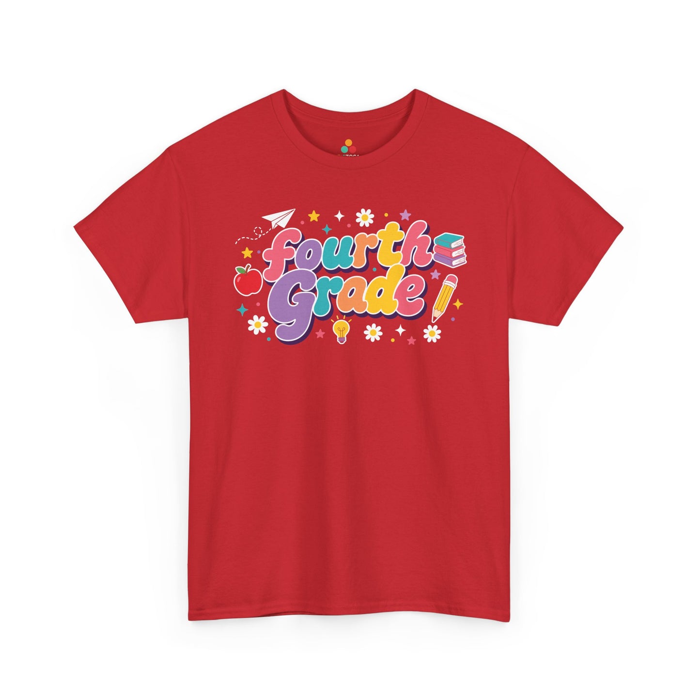 Red t-shirt with 'Fourth Grade!' text and graphics on a white background. For a back to school teacher shirt, this TEEZOCA t-shirt features “Fourth Grade” text surrounded by an apple, pencil, books, light bulb, stars, and dots.