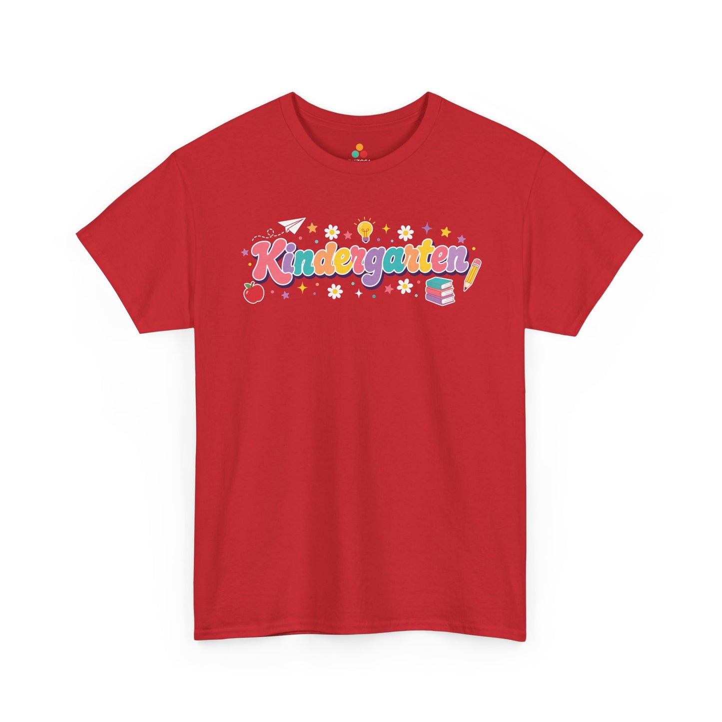 Red t-shirt with 'Kindergarten' text and graphics on a white background. For a back to school teacher shirt, this TEEZOCA t-shirt uses bold “Kindergarten” lettering, playful stars, a light bulb, an apple, books, and a pencil.