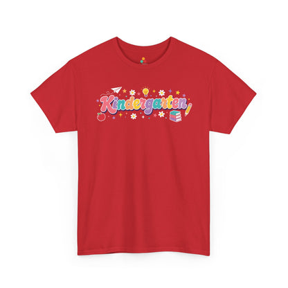 Red t-shirt with 'Kindergarten' text and graphics on a white background. For a back to school teacher shirt, this TEEZOCA t-shirt uses bold “Kindergarten” lettering, playful stars, a light bulb, an apple, books, and a pencil.