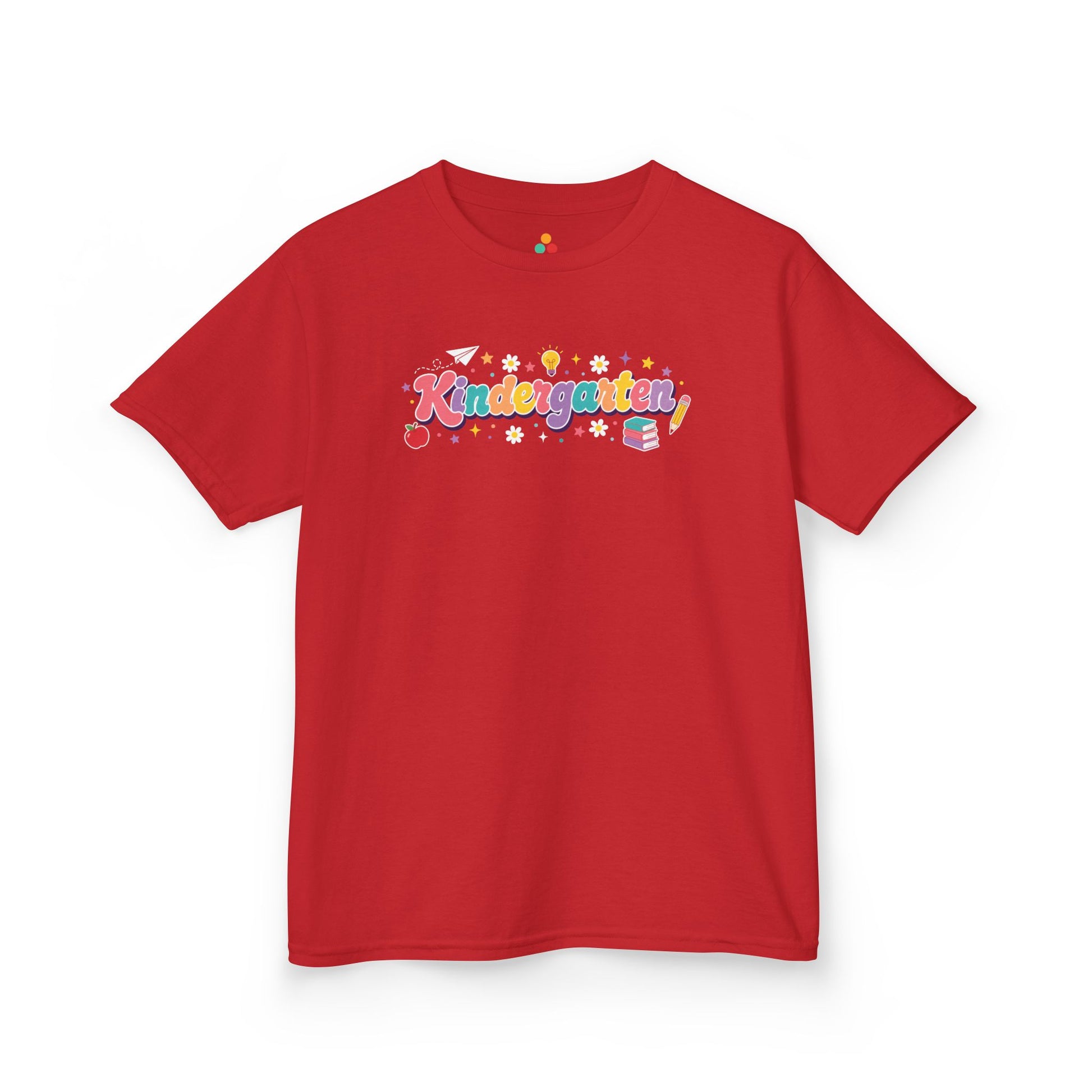 Red t-shirt with 'Kindergarten' text on a white background. TEEZOCA t-shirt with a bright Kindergarten design for a first day of kindergarten photo shirt, showing books, pencil, apple, and stars.