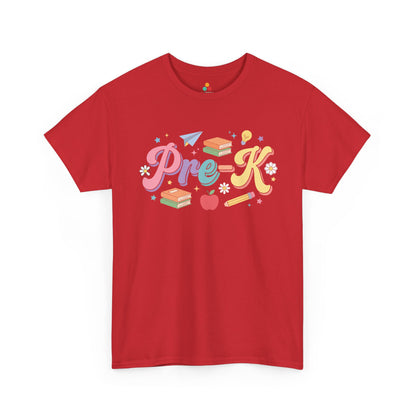 Red t-shirt with 'Pre-K' and educational graphics on a white background. Colorful TEEZOCA pre-k teacher t-shirt with pink, lavender, teal, peach, and yellow lettering surrounded by early-learning school icons.