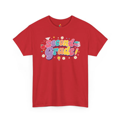 Red t-shirt with 'Second Grade!' text on a white background. Created for coordinated educators, this TEEZOCA t-shirt uses colorful bubble lettering and stars for a set of second grade teacher squad shirts.