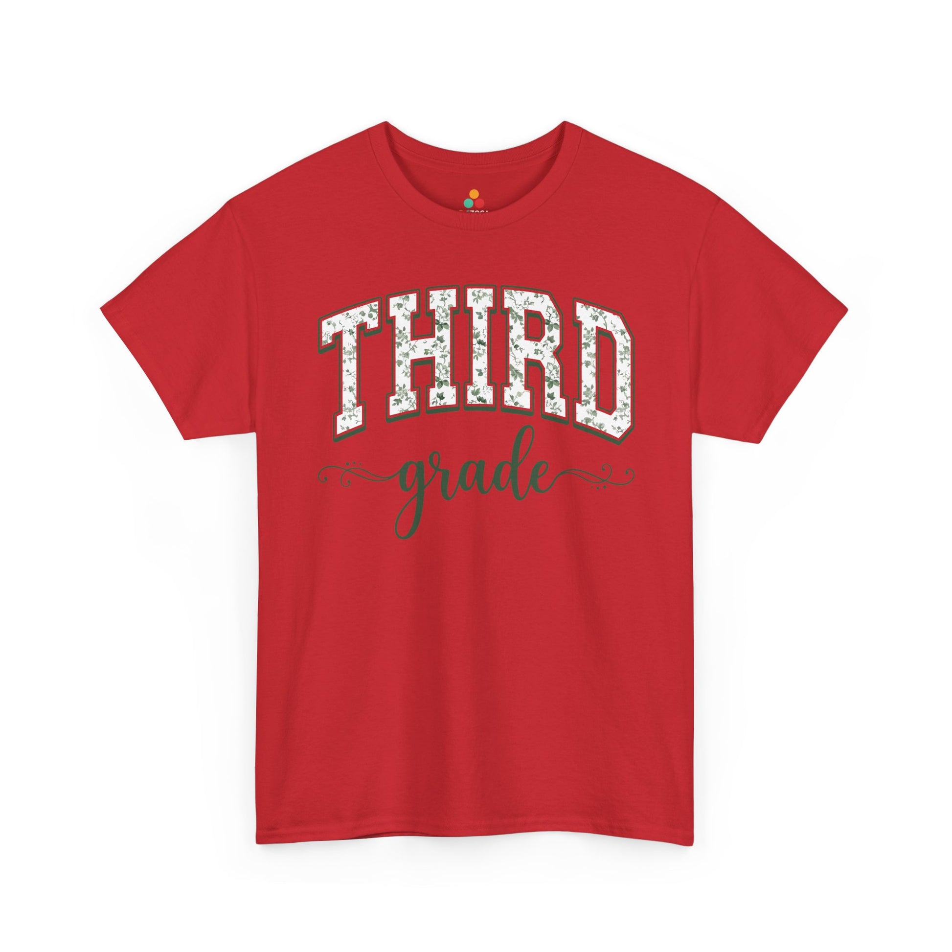 Red t-shirt with 'THIRD grade' text on a white background. Floral third grade tee from TEEZOCA reading third grade in arched varsity type, a unisex adult shirt for school staff.
