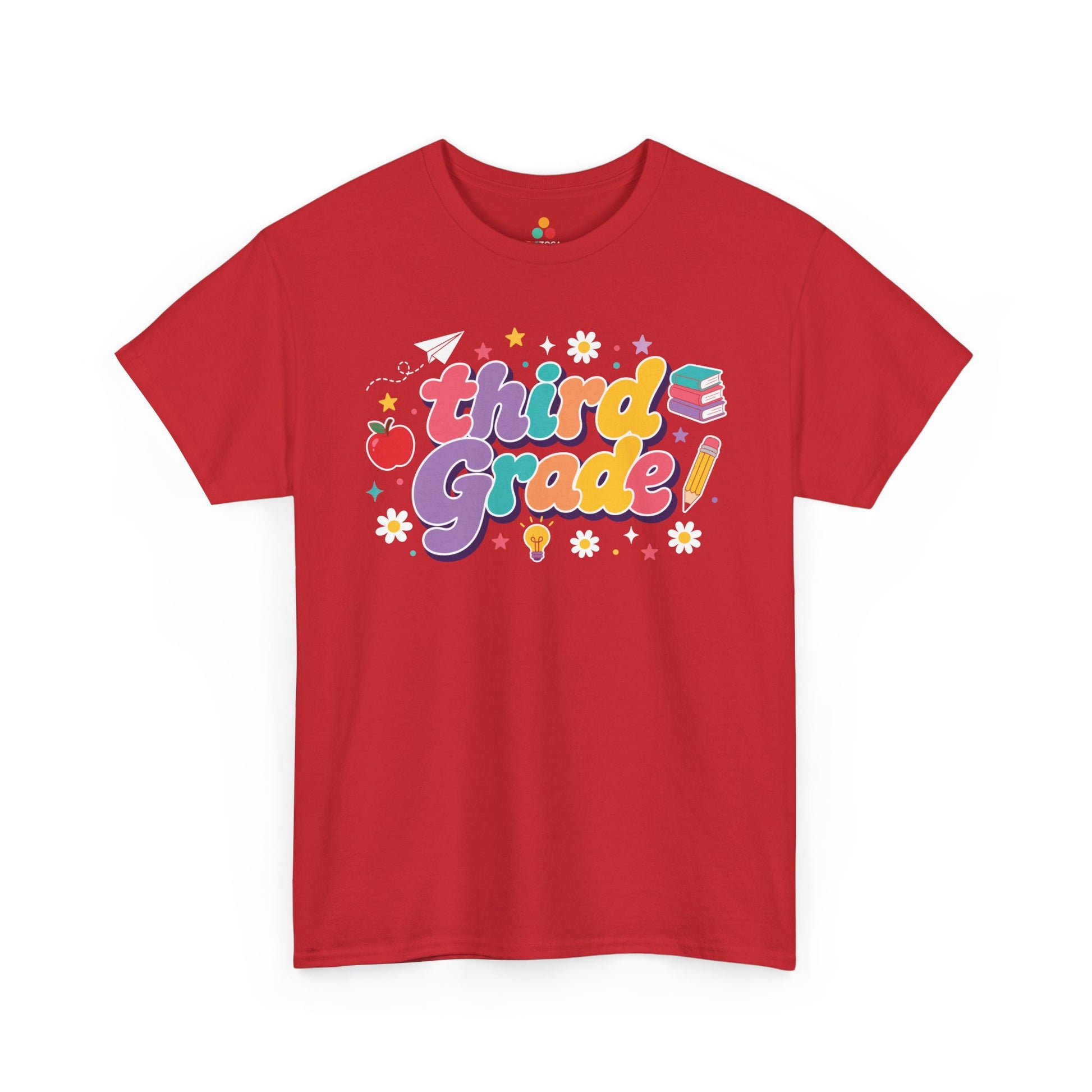 Red t-shirt with 'third grade!' text and educational graphics on a white background. For a back to school teacher shirt, this TEEZOCA t-shirt features “Third Grade” text surrounded by an apple, pencil, books, light bulb, stars, and dots.