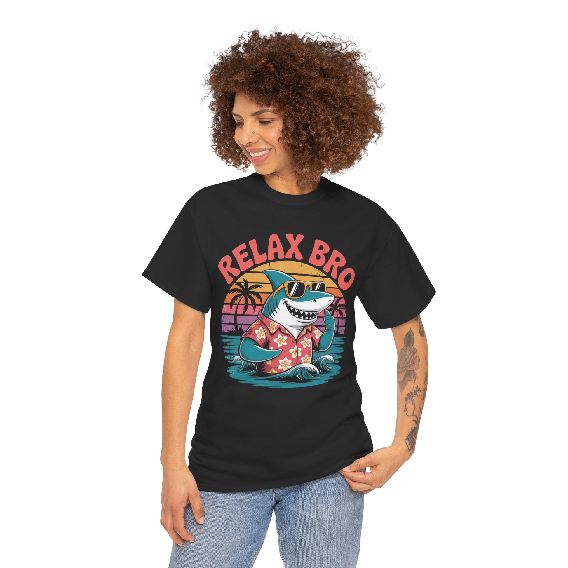 Relax Bro Retro Shark Sunset Vacation Unisex T-shirt | TEEZOCA 