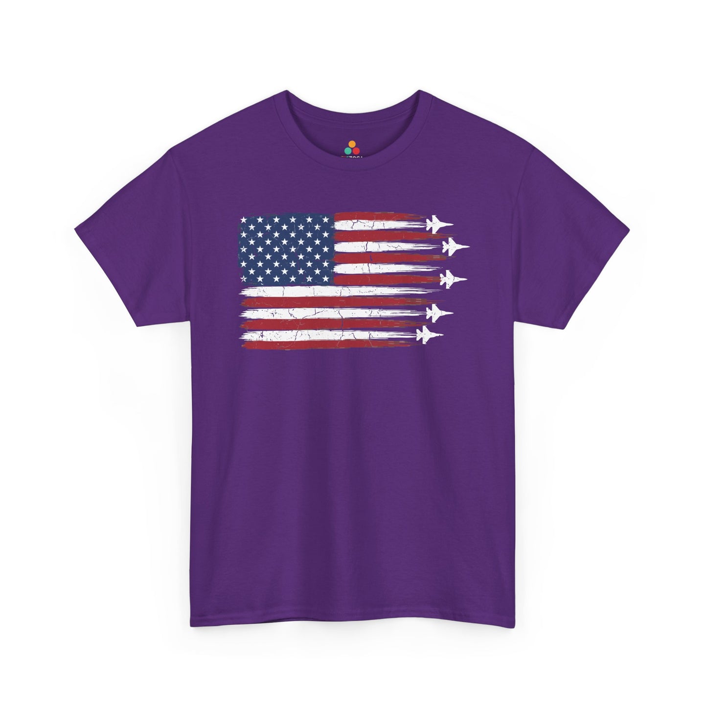 Retro American flag shirt by TEEZOCA with weathered stars and brush-painted stripes on a t-shirt.
