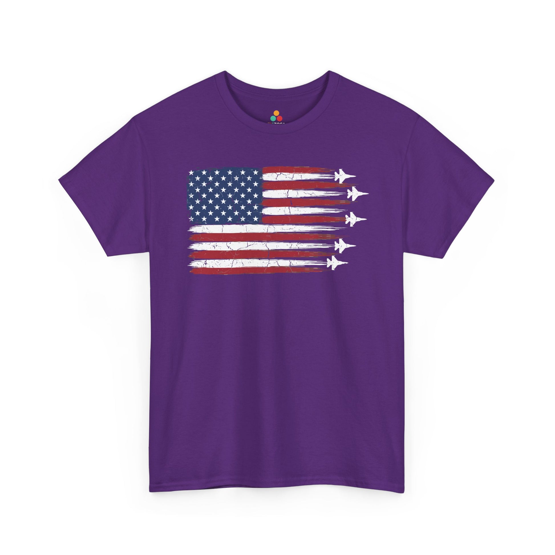 Retro American flag shirt by TEEZOCA with weathered stars and brush-painted stripes on a t-shirt.
