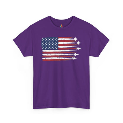 Retro American flag shirt by TEEZOCA with weathered stars and brush-painted stripes on a t-shirt.
