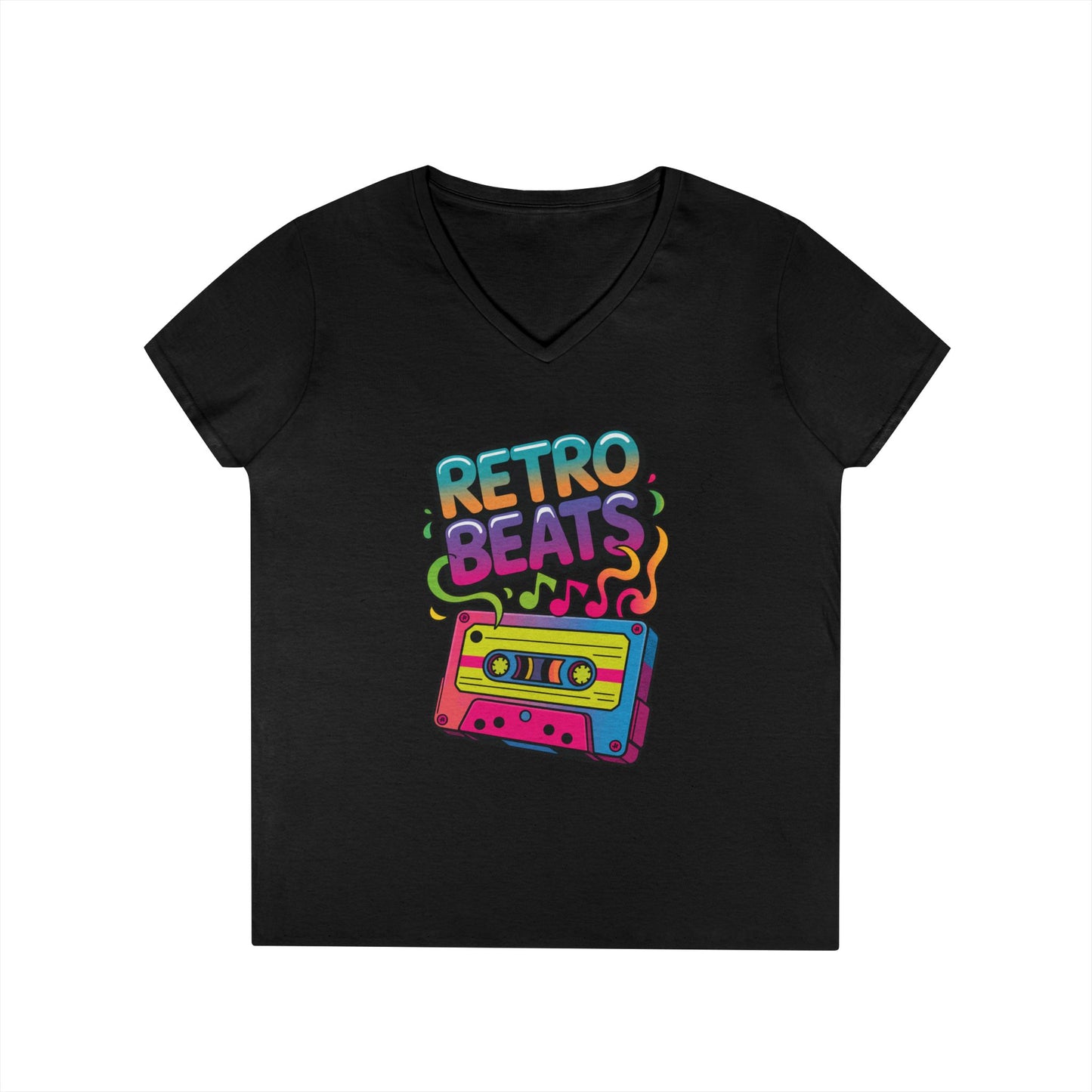 Retro Beats Cassette Art Ladies’ V-Neck T-Shirt Colorful Music Vibes | TEEZOCA 