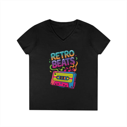 Retro Beats Cassette Art Ladies’ V-Neck T-Shirt Colorful Music Vibes | TEEZOCA 