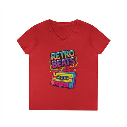 Retro Beats Cassette Art Ladies’ V-Neck T-Shirt Colorful Music Vibes | TEEZOCA 