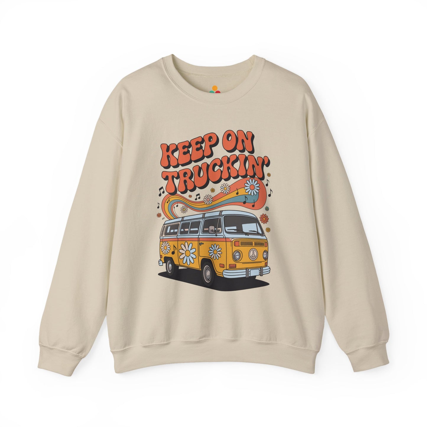 Retro “Keep On Truckin’” van graphic printed on a TEEZOCA unisex crewneck sweatshirt with colorful flowers and musical details Beige sweatshirt with a graphic of a van and 'Keep on Truckin'' text on a white background