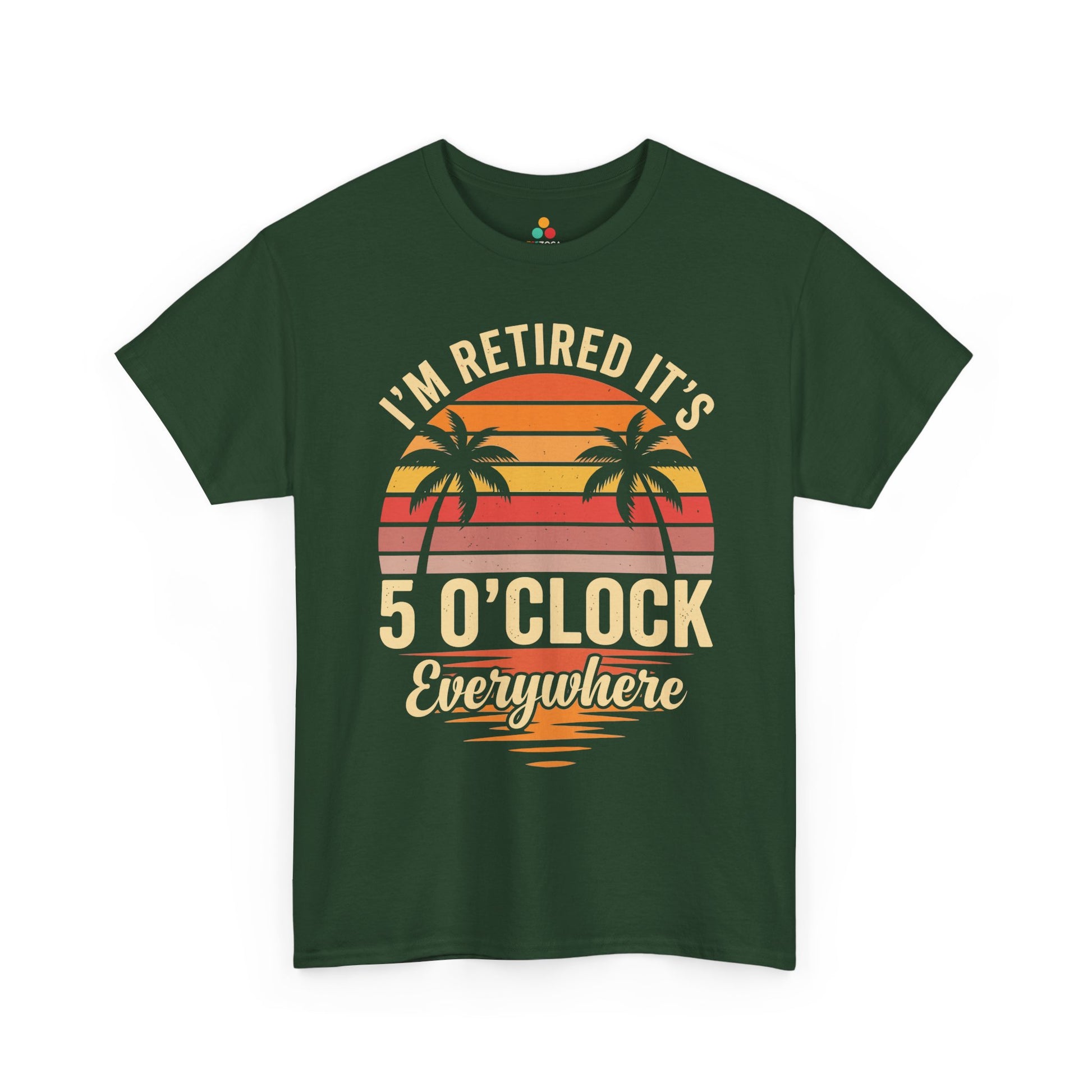 Retro TEEZOCA t-shirt made for mens retirement gifts, showing a tropical 5 o'clock everywhere retirement design.
