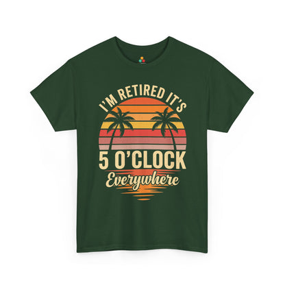 Retro TEEZOCA t-shirt made for mens retirement gifts, showing a tropical 5 o'clock everywhere retirement design.
