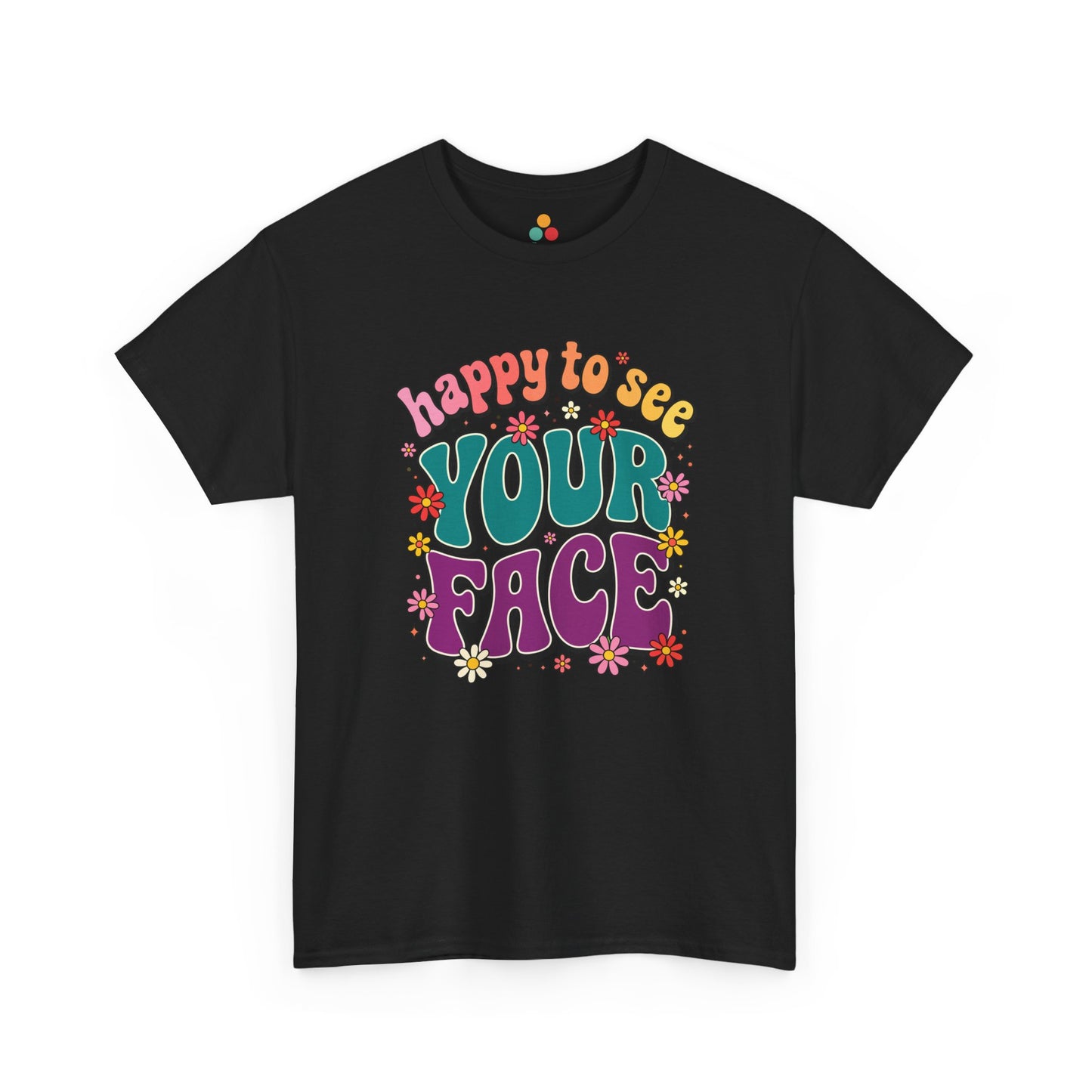 Retro back to school first day of school graphic In A Black t-shirt with colorful happy to see your face lettering and floral accents