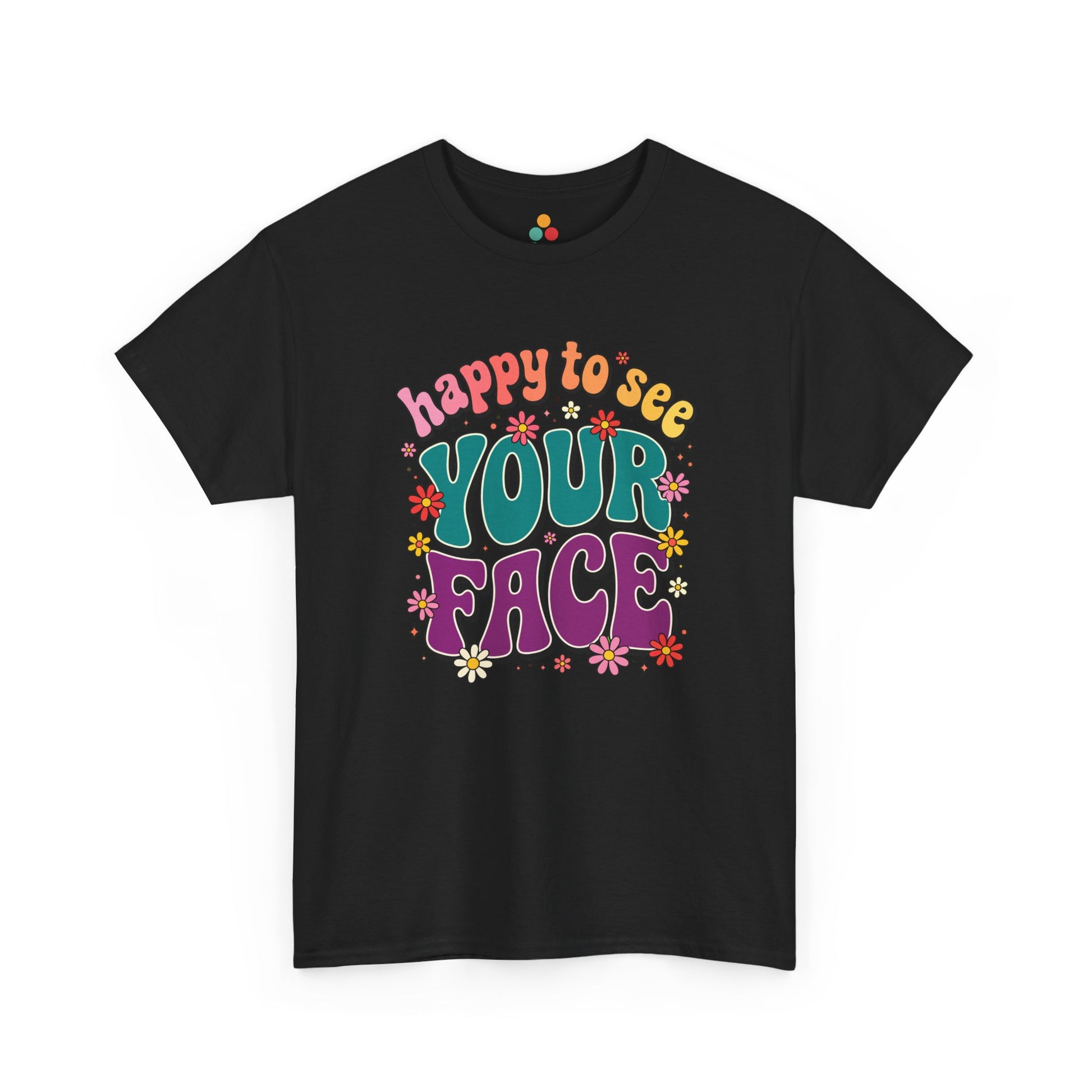 Retro back to school first day of school graphic In A Black t-shirt with colorful happy to see your face lettering and floral accents