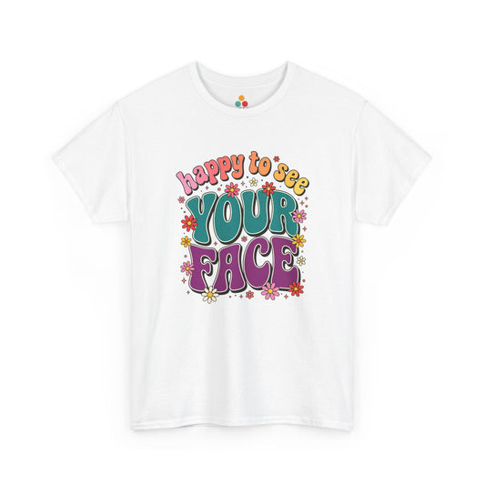 Retro back to school first day of school graphic In A white t-shirt with colorful happy to see your face lettering and floral accents