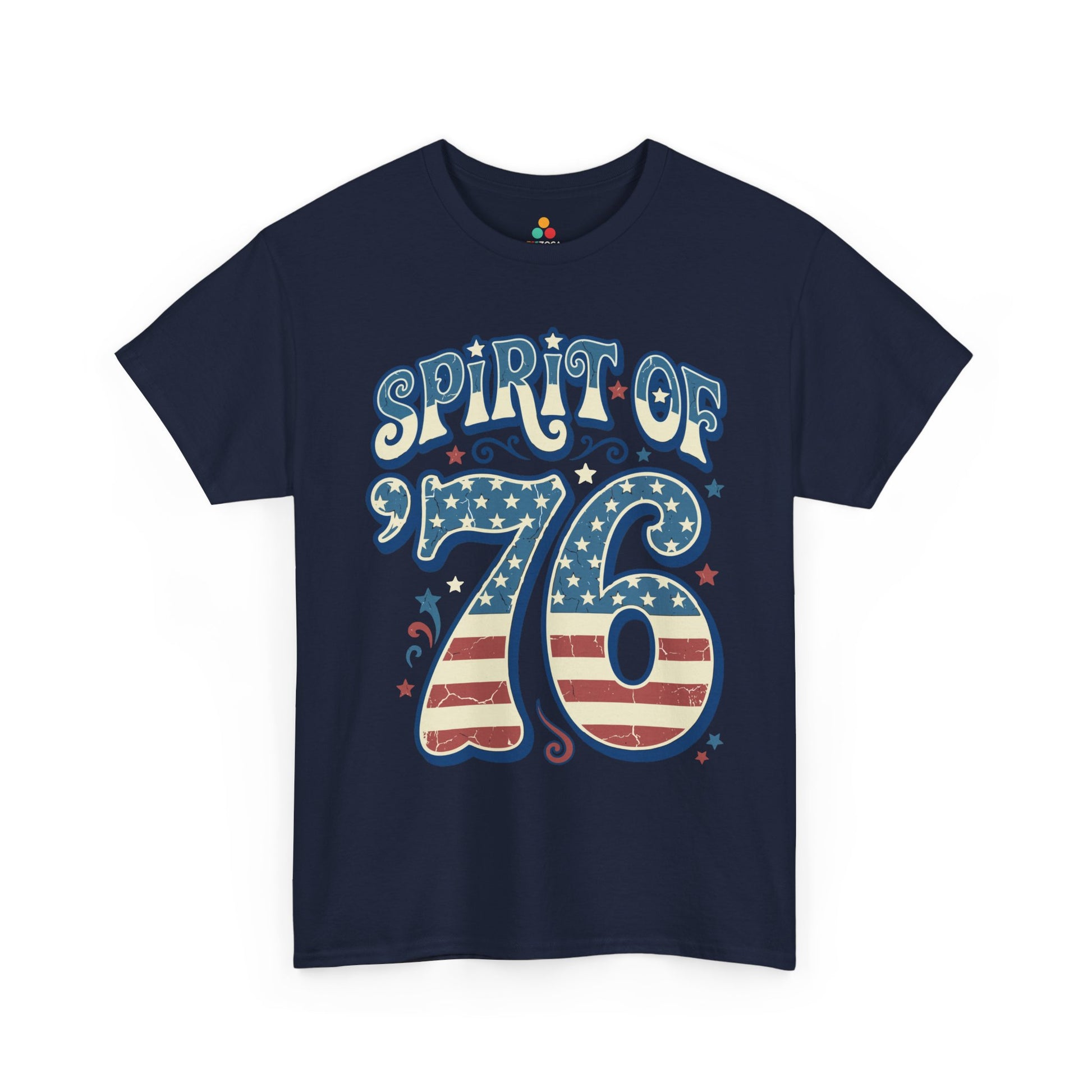 Revolutionary War t shirt by TEEZOCA showing bold 76 numbers, stars, stripes, and old fashioned patriotic shirt character.

