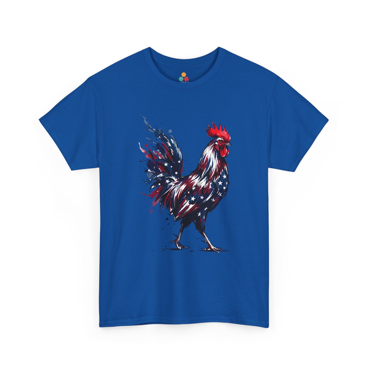 Roayal TEEZOCA T-Shirt featuring a bold watercolor-style rooster painted in red, white, and blue American flag colors with stars and paint splashes on white fabric.