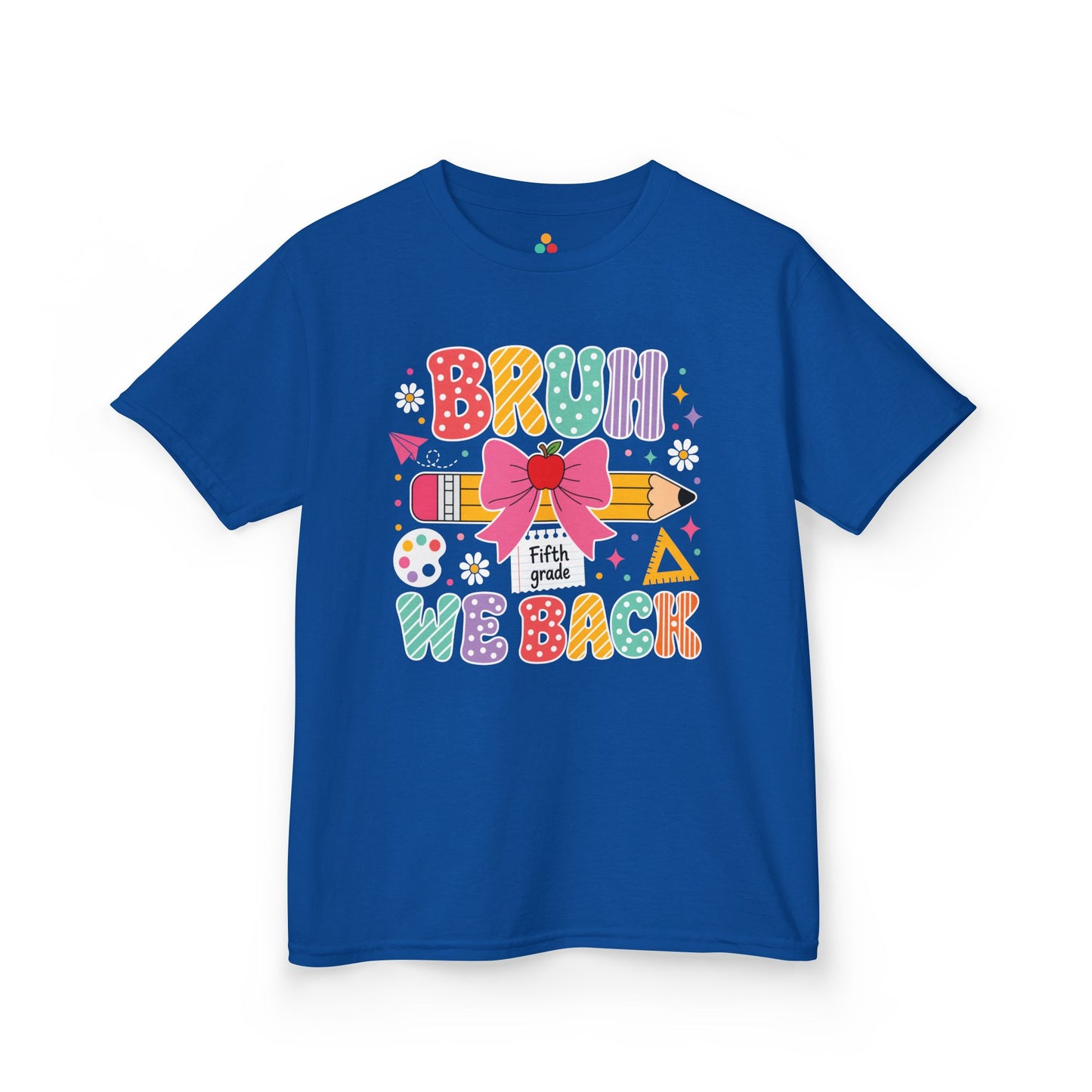 Royal blue TEEZOCA Bruh We Back Fifth Grade kids tee with a bow and pencil, a funny back to school shirt.
