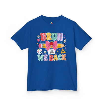 Royal blue TEEZOCA Bruh We Back First Grade kids tee with a bow and pencil, a funny back to school shirt.
