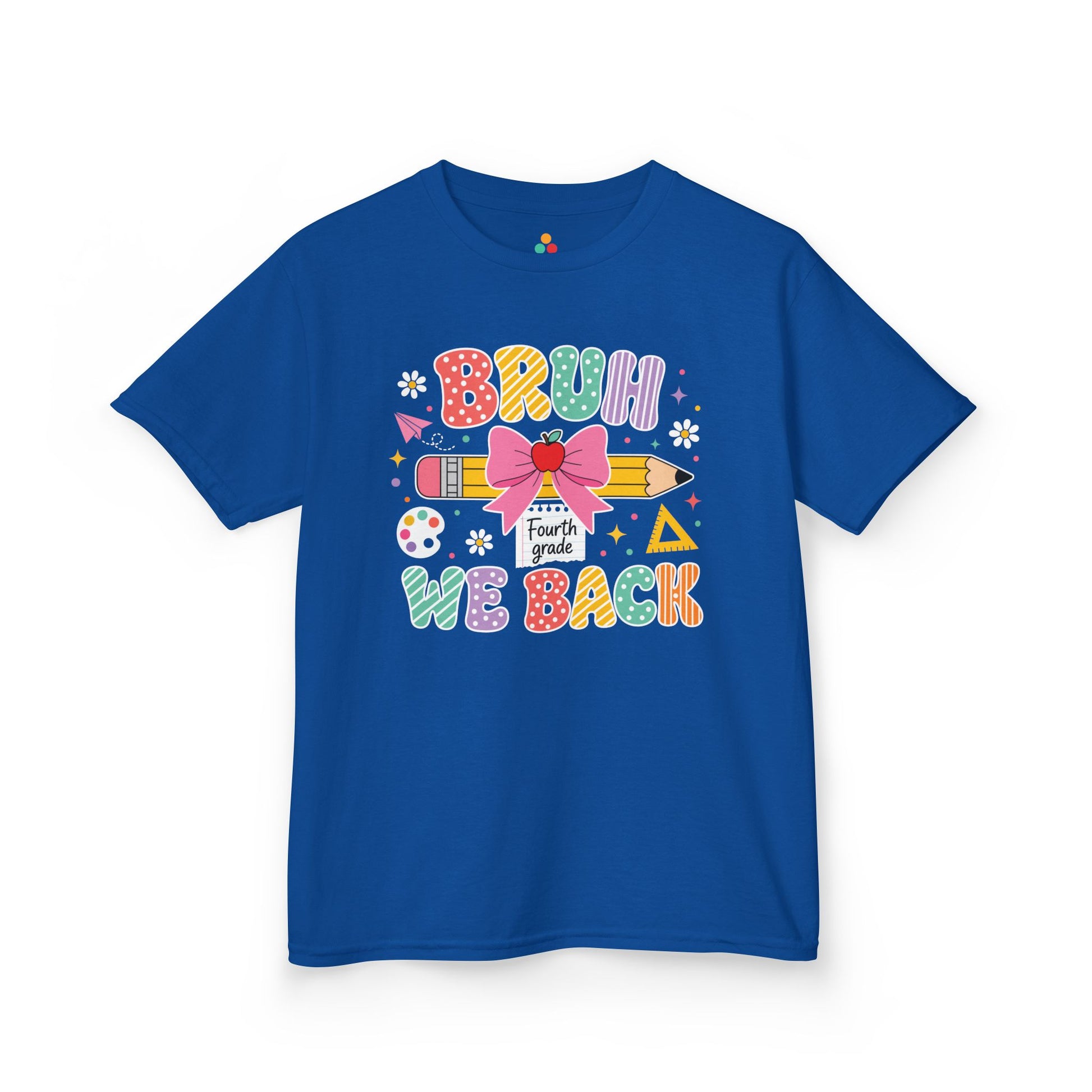 Royal blue TEEZOCA Bruh We Back Fourth Grade kids tee with a bow and pencil, a funny back to school shirt.
