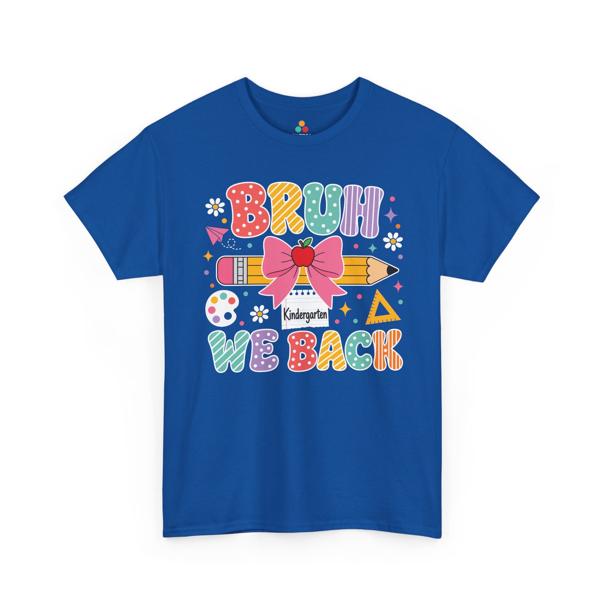 Royal blue TEEZOCA Bruh We Back Kindergarten tee with a bow and pencil, a funny unisex teacher back to school shirt.
