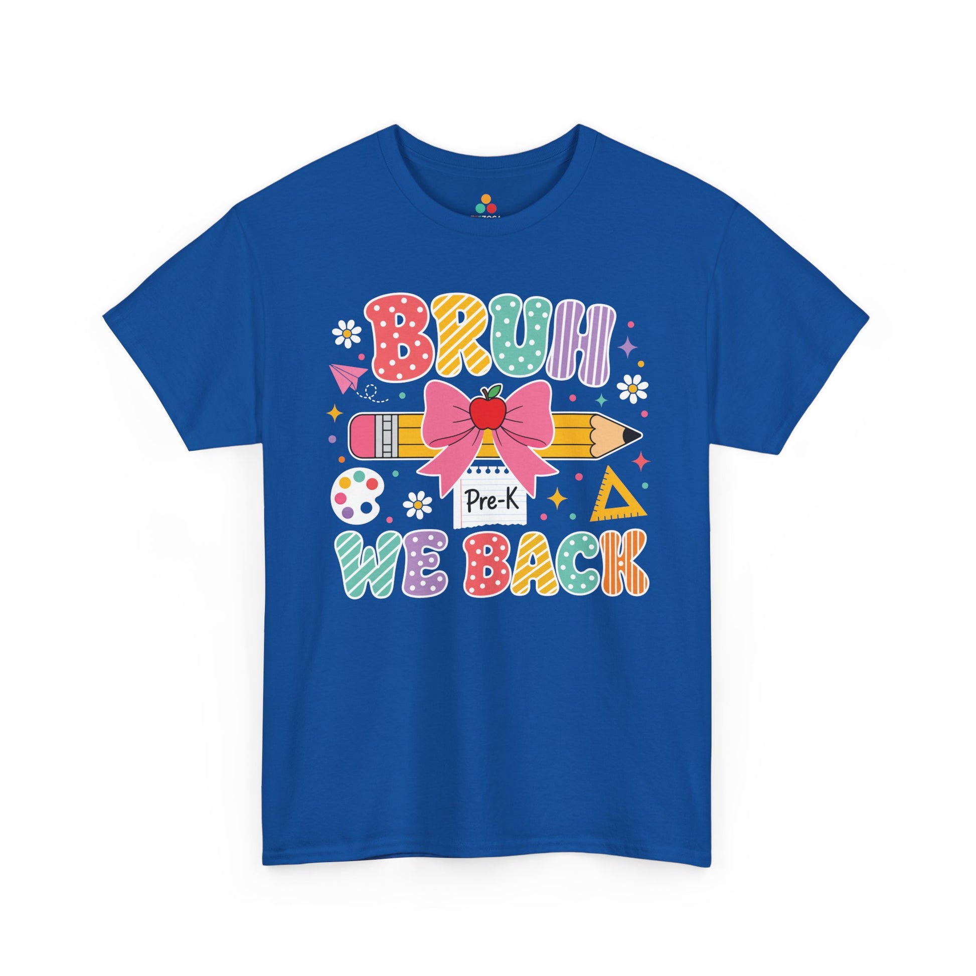 Royal blue TEEZOCA Bruh We Back Pre-K tee with a bow and pencil, a funny unisex teacher back to school shirt.
