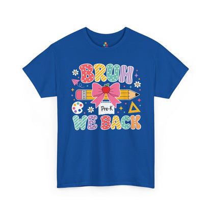 Royal blue TEEZOCA Bruh We Back Pre-K tee with a bow and pencil, a funny unisex teacher back to school shirt.
