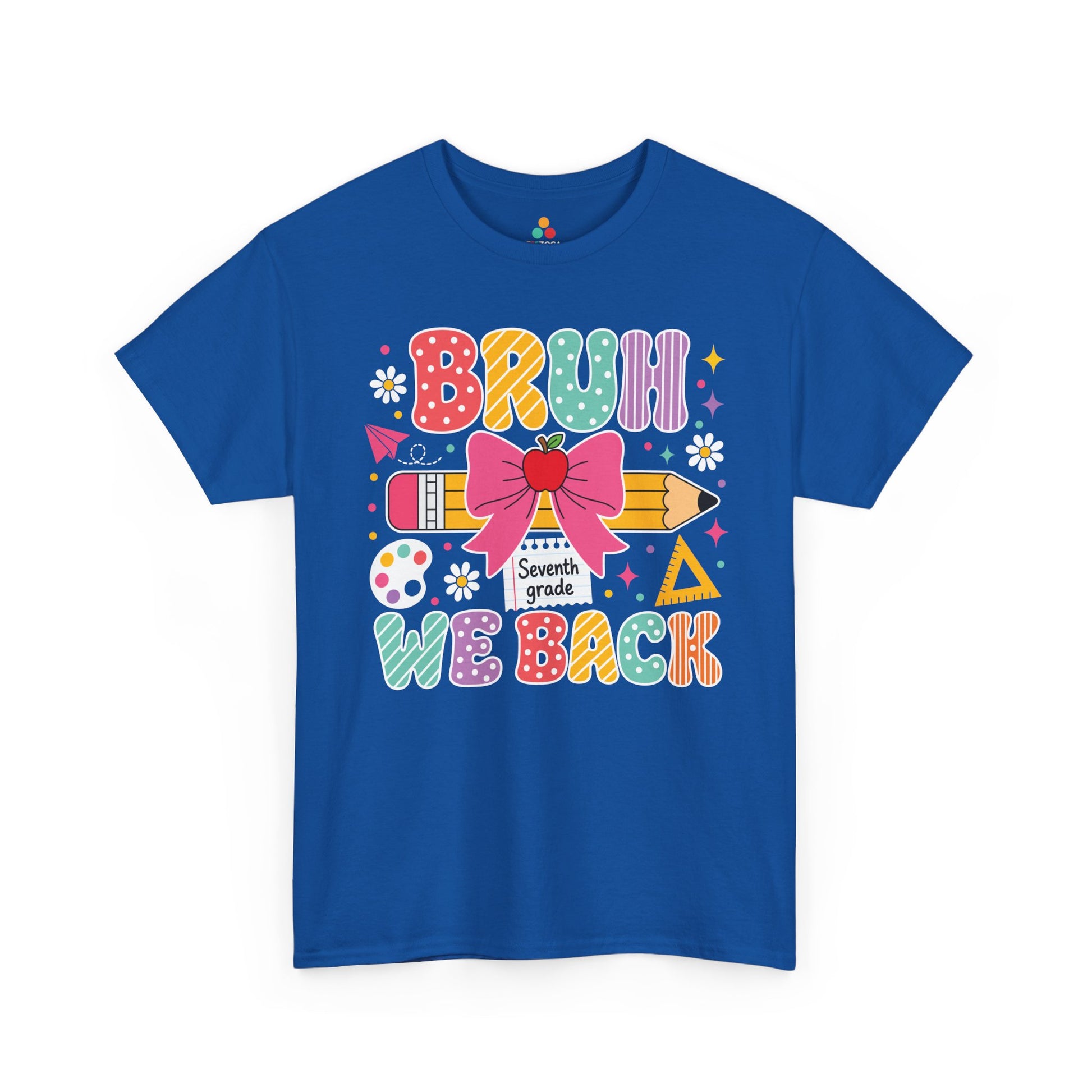 Royal blue TEEZOCA Bruh We Back Seventh Grade tee with a bow and pencil, a funny unisex teacher back to school shirt.
