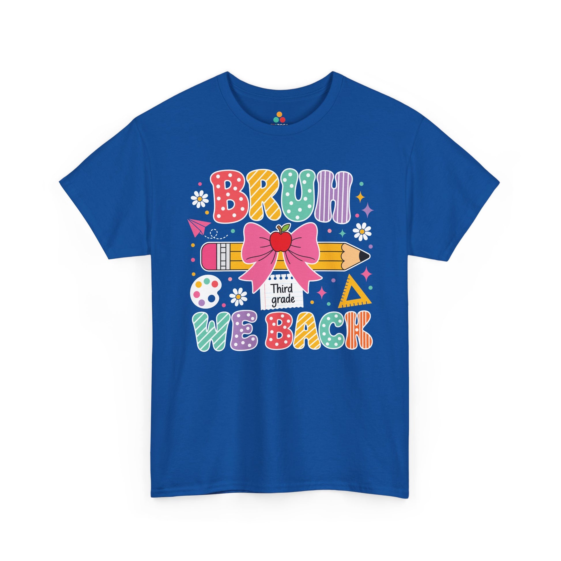 Royal blue TEEZOCA Bruh We Back Third Grade tee with a bow and pencil, a funny unisex teacher back to school shirt.
