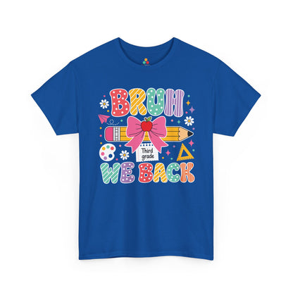 Royal blue TEEZOCA Bruh We Back Third Grade tee with a bow and pencil, a funny unisex teacher back to school shirt.
