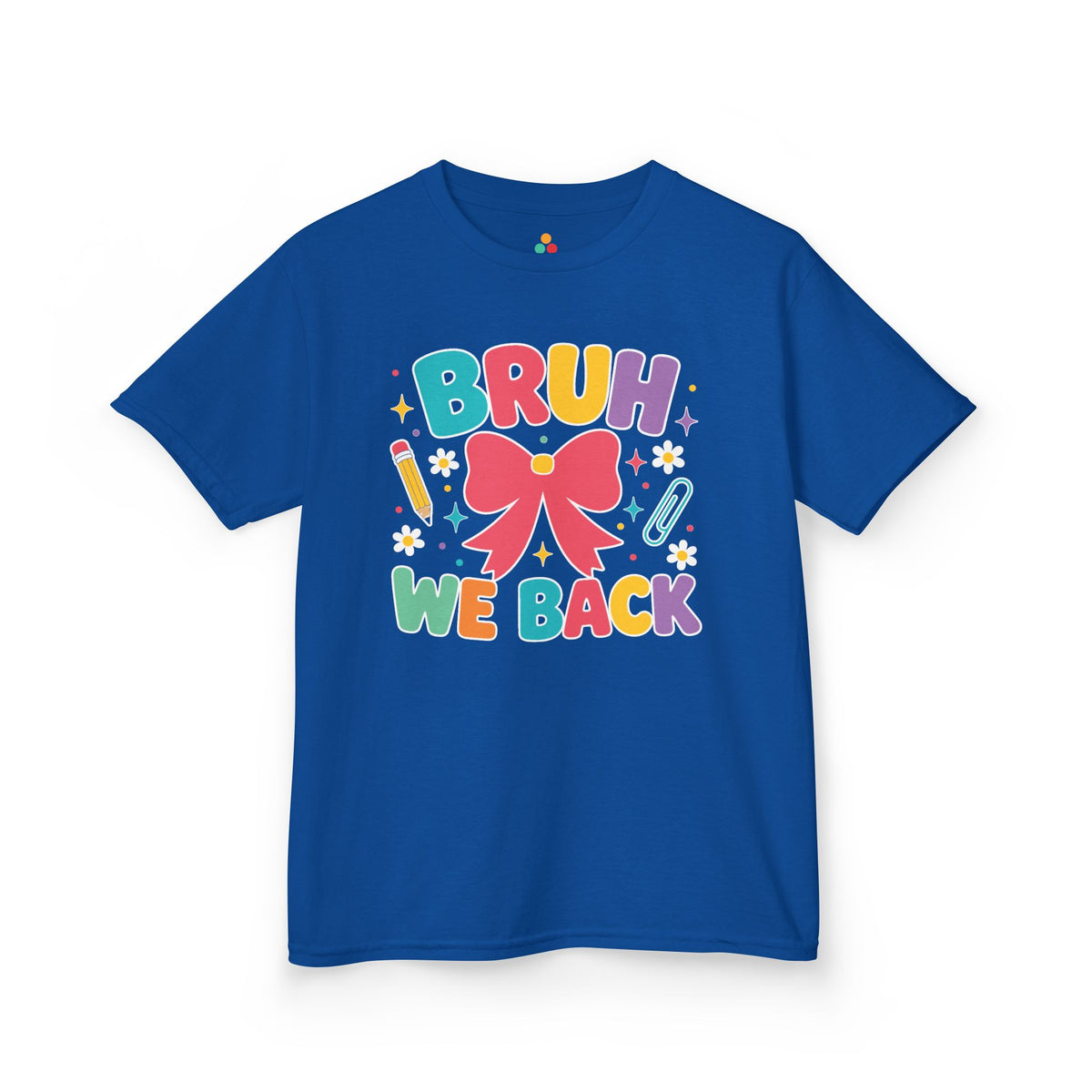 Royal blue TEEZOCA Bruh We Back bow kids tee, a cute funny back to school shirt for the new school year.
