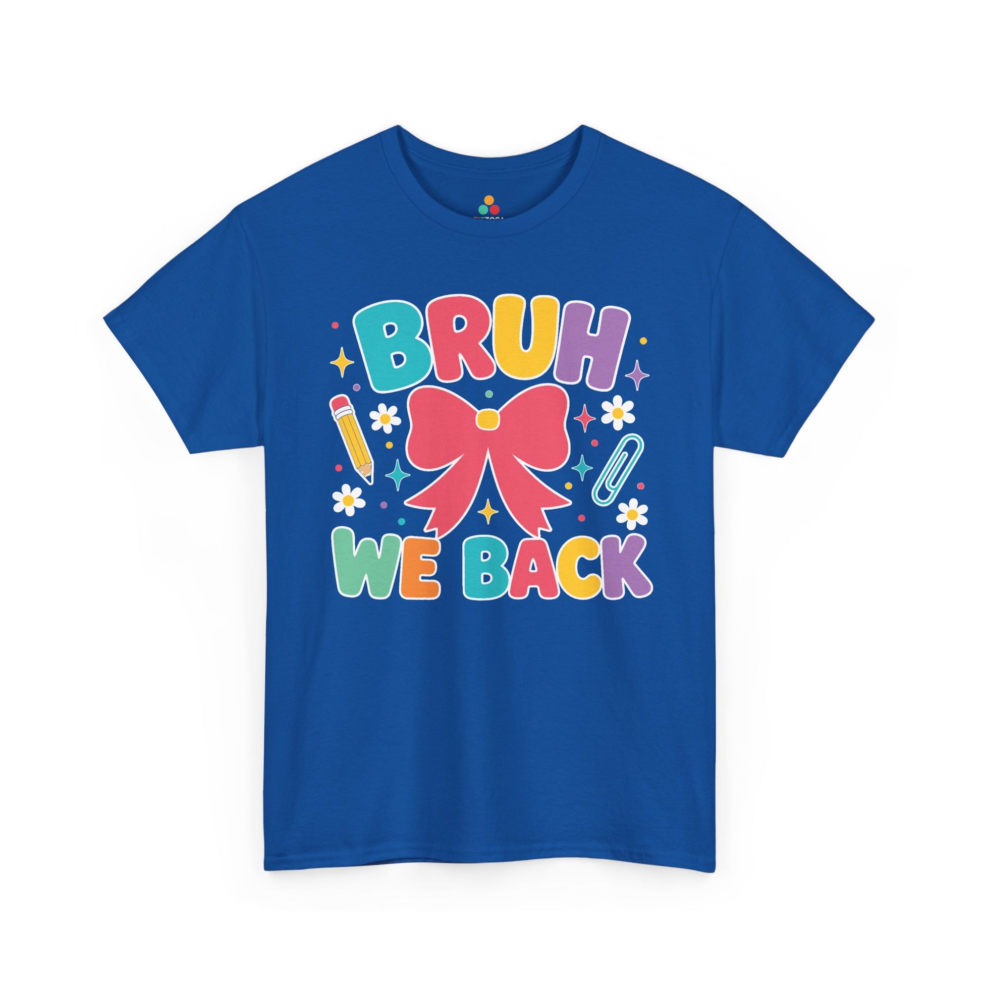 Royal blue TEEZOCA Bruh We Back bow tee, a cute funny back to school shirt for the new school year.
