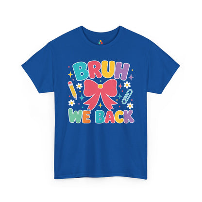 Royal blue TEEZOCA Bruh We Back bow tee, a cute funny back to school shirt for the new school year.
