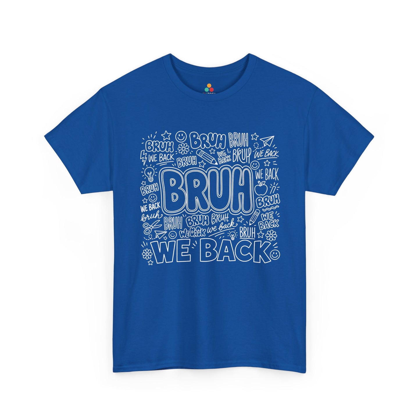 Royal blue TEEZOCA Bruh We Back doodle shirt with school sketches, a funny unisex back to school tee.
